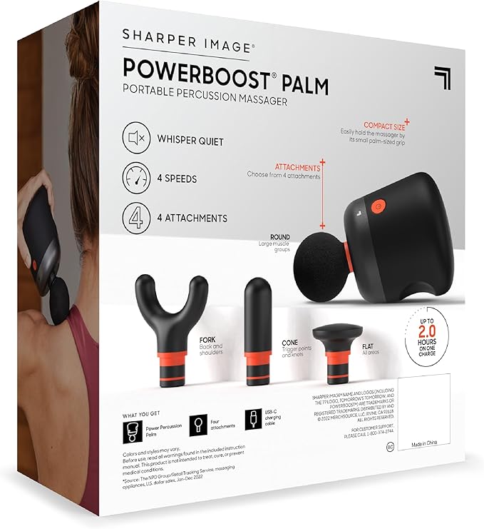 Sharper Image Mini Massage Gun Powerboost Palm Rechargeable Deep Tissue Percussion Handheld Massager 4 Adjustable Speeds 4 Attachment Heads Full Body Muscle Pain Relief Gift Black