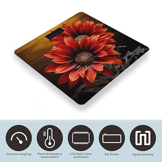 Red SunflowerScale for Body Weight with LCD High Precision Weighing Scales Fashion Sturdy Tempered Glass Weight Scales Easy-to-Read Digital Bathroom Scale for Daily 400lb