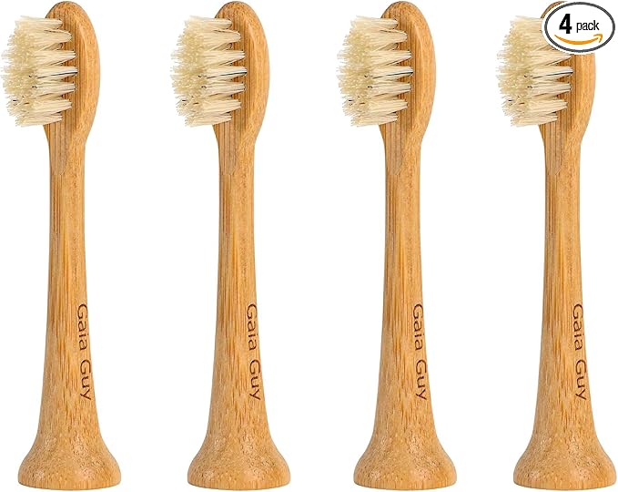 Gaia Guy Natural Bamboo &amp Boar Bristle Electric Toothbrush Head 4-Pack | Compatible with Philips Sonicare | Truly Biodegradable (No Hidden PLA &amp No Nylon) for an Eco-Friendly Clean
