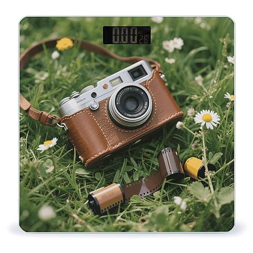 Vintage Leather Camera Scale for Body Weight Sturdy Tempered Glass Weighing Scales with LCD Display Accurate Digital Bathroom Scale Convenient Body Fat Smart Scales Easy Read