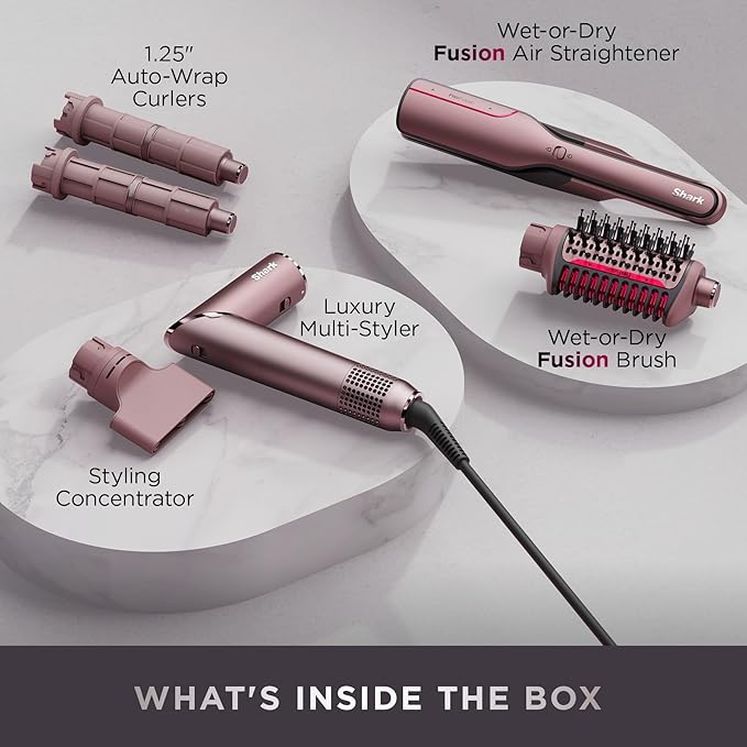 Shark FlexFusion Hair Straightener &amp Powerful Hair Dryer with Fusion Hair Brush Ceramic Air Styler with Auto-Wrap Curlers &amp Concentrator Ceramic Plates Cosmic Blush HD641S