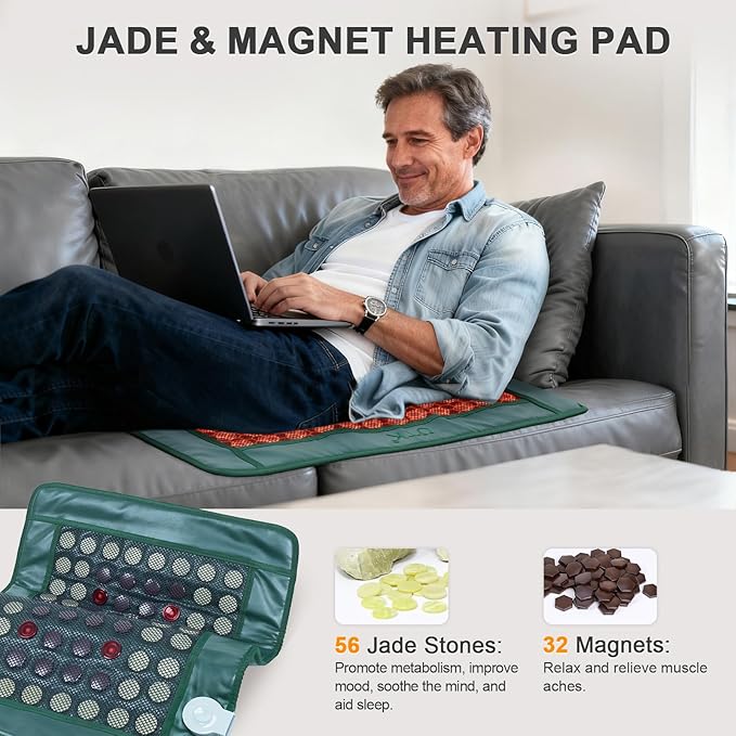 UTK Far Infrared Heating Pad for Back with Red Light Therapy 8X Pain Relief for Body Hot to 159℉ FSA-HSA Eligible Auto Shut Off 56 Jades &amp 32 Magnets Stone 26 x 20''