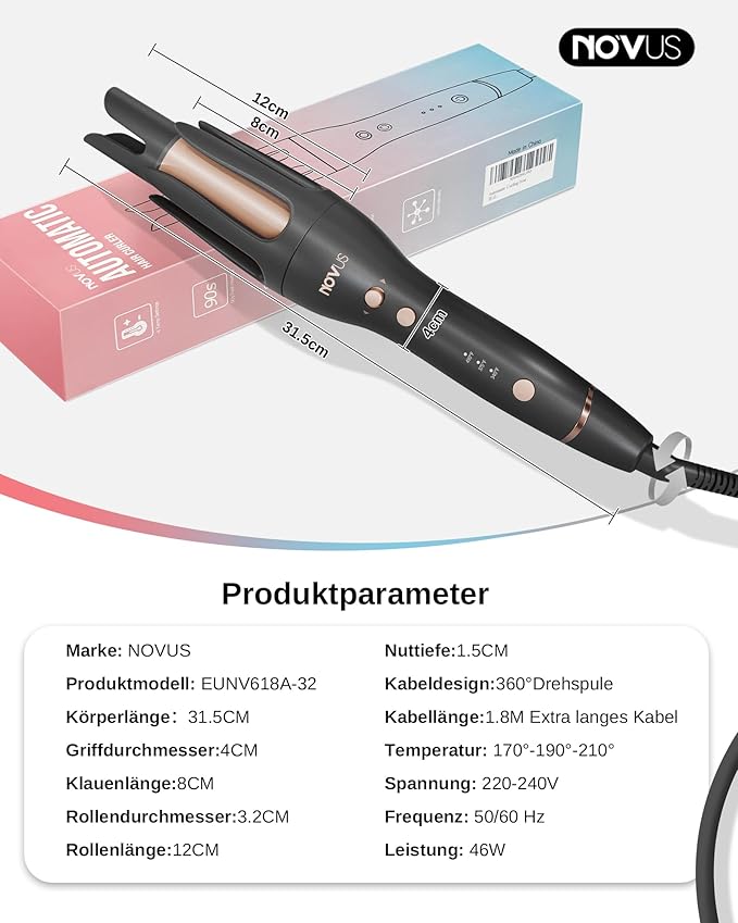 NOVUS 1.25 Inch Automatic Rotating Curling Iron for Effortless Waves and Beach Curls Auto Hair Curler with 60M Ions Anti-Scald Fast Heating for Hair Styling (Black)