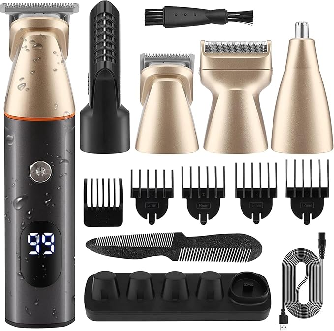 BAHREL Beard Trimmer for Men All in One Mens Beard Grooming Kit IPX7 Washable Mustache Nose Hair Trimmer Foil Trimmer &amp Body Shaver Electric Razor for Men Gifts (Color : Gold)