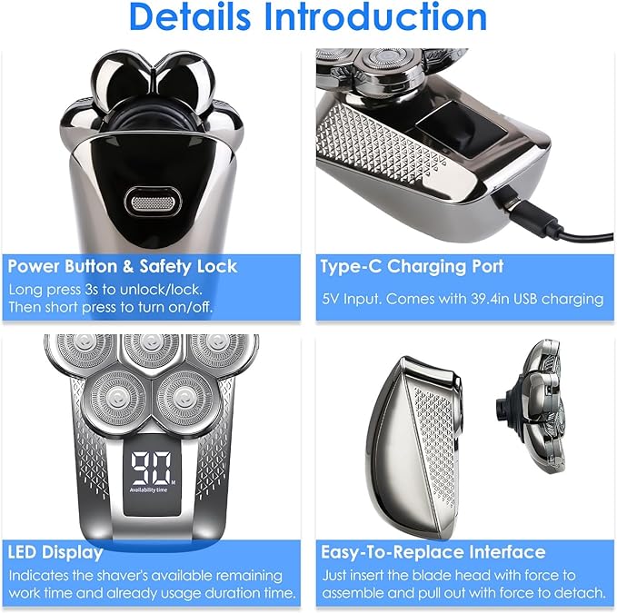 KOCASO 7D Head Shavers for Bald Men5-in-1 Electric Razor for Men - IPX6 Waterproof Electric Razor Wet/Dry Mens Grooming KitUSB Rechargeable with LED Display and Travel Lock