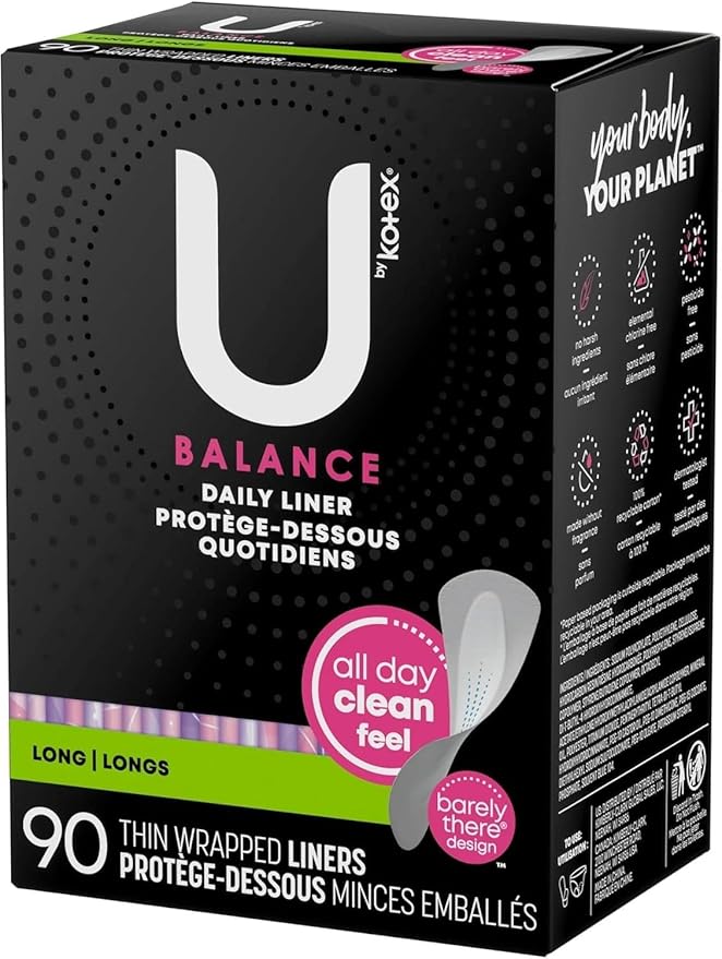 U by Kotex Balance Daily Wrapped Panty Liners Light Absorbency Long 90 Count (Packaging May Vary)