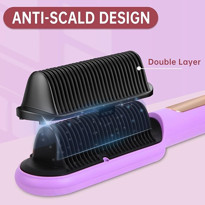 Negative Ionic Hair Straightener Brush with 9 Temp Settings 30s Fast Heating Hair Straightening Comb with LED Display Anti-Scald &amp Auto-Shut Off Hair Brush Straightener for Women (Purple)