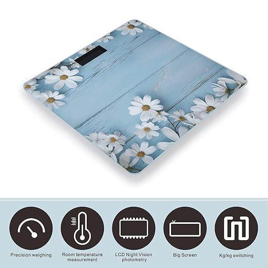 White Flowers Light Blue Wood Weight Scale Large Bathroom Scales Digital Weight with Bright LED Display Non Slip Automatic Weighing Scale Fashion Weighing Machine for Body