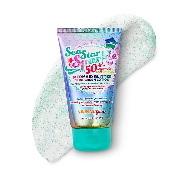 NEW! SUNSHINE &amp Glitter- Seastar Sparkle - Mermaid Watermelon Lemonade Scented Sunscreen lotion - SPF 50 - Biodegradable Glitter Sunscreen Water Resistant Cruelty Free Kid Safe Made in USA 3.