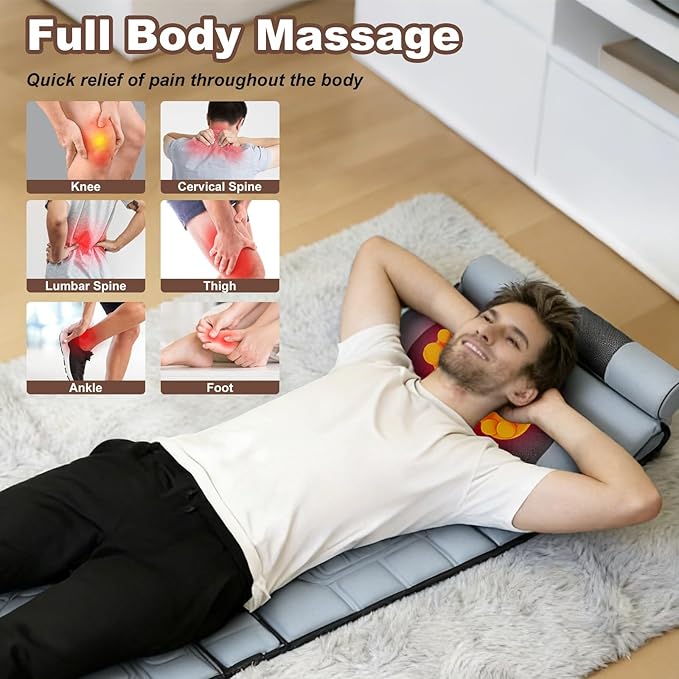 Full Body Massage Mat with Heat &amp Movable Shiatsu Neck Back Massager Pillow &amp Foot Massager Massage Mattress Pad with Top Pillow &amp Lumbar Support 12 Vibration Motors9 Massage Modes &amp