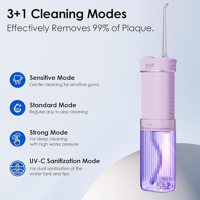 Portable Water Flosser Cordless for Travel-Rechargeable Power Dental Flossers for Braces＆Stonsil Stones-Mini Tooth Cleaner with UVC SterilizationIPX7 Waterproof (D0040-Pink)