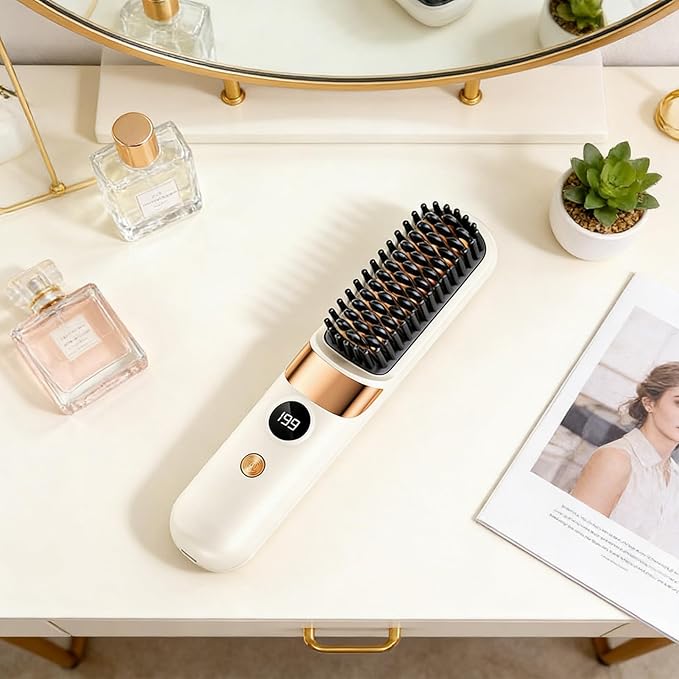 Hair Straightener Brush Portable Rechargeable Cordless Hair Straightener - Female Hairstyle Brush and Curling Comb | For Daily Use Travel Ladies Teens Home Salon Office Business