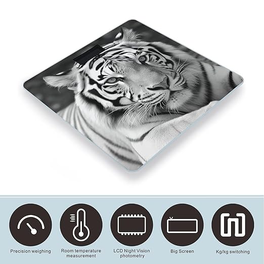 Black White Tiger Bathroom Scale for Body Weight LCD Display Digital Bathroom Scale Tempered Glass Bathroom Weight Scales Fashion Smart Scales for Home Bedroom 400 Lb