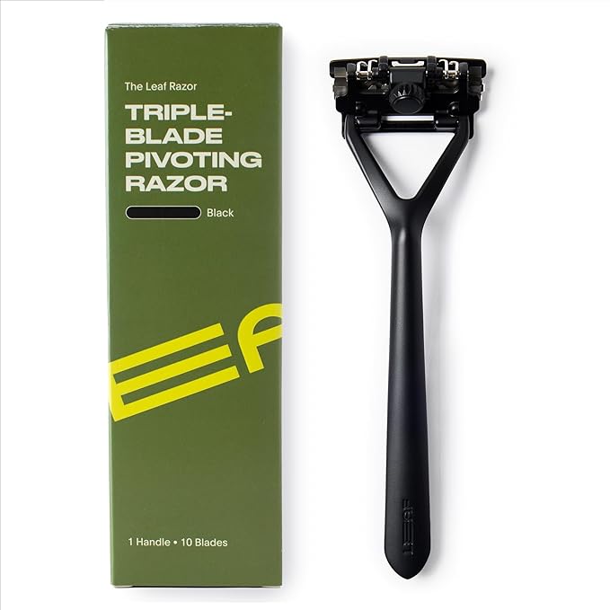 Leaf Shave | Leaf Razor All-Metal Safety Shaver with Pivoting Head &amp Adjustable Blade Loading Includes 10 Stainless Steel Single-Edge Blades Compatible with Standard Safety Razor Blades - Black