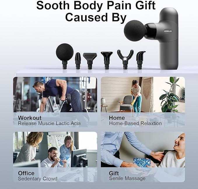 Morelax Mini Massage Gun Percussion Muscle Massager for Back Pain Relief Compact Sports Travel Massage Gun with 6 Massage Heads 4 Speeds Gift for Her Home Athletes