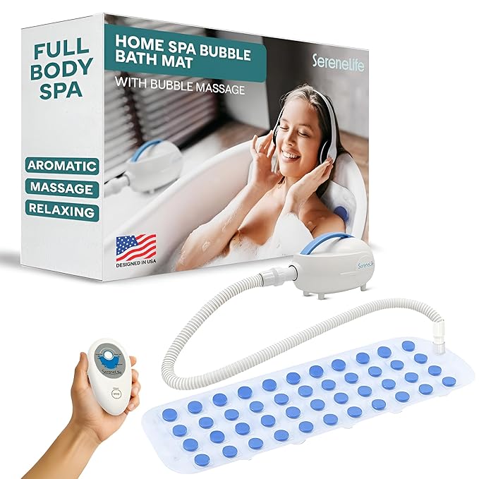 SereneLife Portable Spa Bubble Bath Massager - Waterproof Non-Slip Mat with Suction Cup Bottom Motorized Air Pump and Adjustable Bubble Settings Remote Control Included 47 x 14