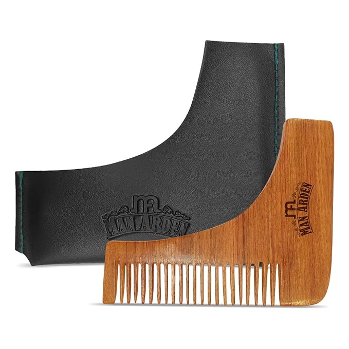 Man Arden Neem Wooden L Shaped Beard Comb with Rich Leather Pouch