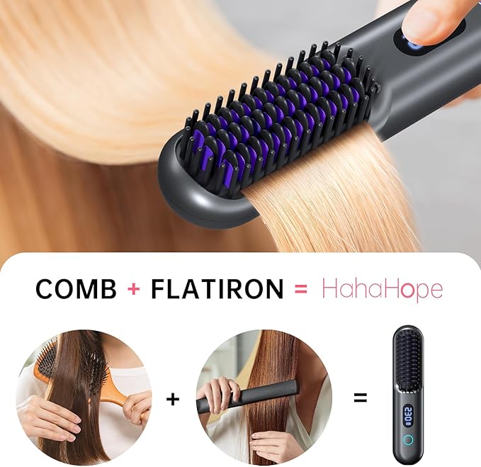 Cordless Hair Straightener Brush-Portable Straightening Comb 9600mAh Batt Plasma Tech 9 Temp-Settings &amp LED Display for Travel &amp Home (Grey)