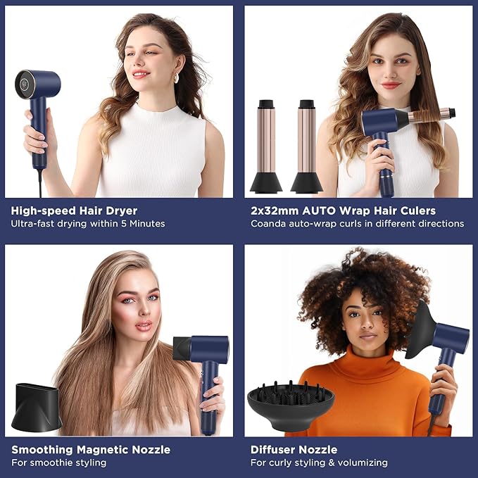 PARWIN PRO BEAUTY Air-Sonic Hair Dryer with Diffuser HD-LED Display &amp 110 000 RPM High Speed Ionic Blow Dryer 1 1/4 Inch Left &amp Right Air Auto-Wrap Curlers Prussian Blue Professional Versi