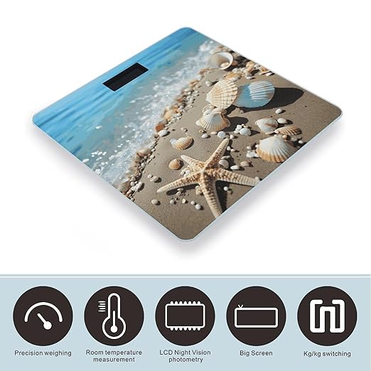 Ocean Sea Beach Seashells Starfish Blue Scale for Body Weight Anti-Slip Digital Bathroom Scale Sturdy Toughened Glass Weighing Scales High Precision Safe Rounded Corners Smart Scales
