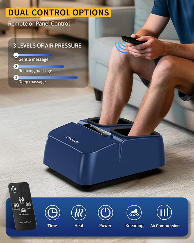 MOUNTRAX Foot Massager Machine with Heat Foot Massager for Plantar Fasciitis Neuropathy Pain Shiatsu Foot Massager with Remote Fits Feet Up to Men Size 12 (Blue)