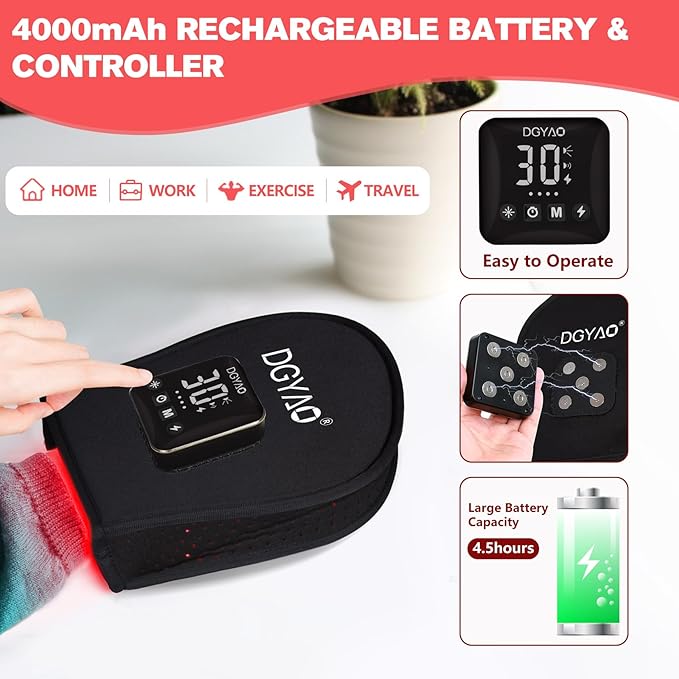 Cordless Infrared Red Light Gloves for Hand Comfort – 4000mAh Rechargeable Battery Portable LED Light Mitten Pad Device for Hands Fingers Palms Home &amp Travel Use