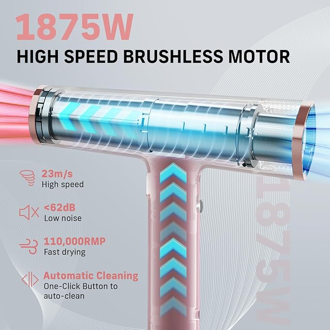 Quico Hair Dryers for Women 7X Faster BLDC Motor Quiet 1875W 110000 RPM 2 Billion Negative Ionic Salon Blow Dryer with Diffuser Adjustable Temp &amp Speed Portable Hair Dryer for Home Travel Pi