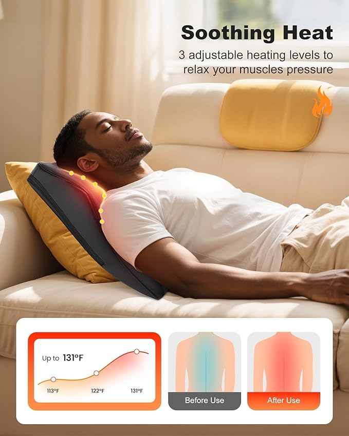 Snailax Shiatsu Back Massager with Heat Vibration Rechargeable Cordless Neck Back Massager for Pain Relief Deep Tissue 4D Deep Kneading Back Massage Pillow Gifts for Mom Dad-Home Office Use