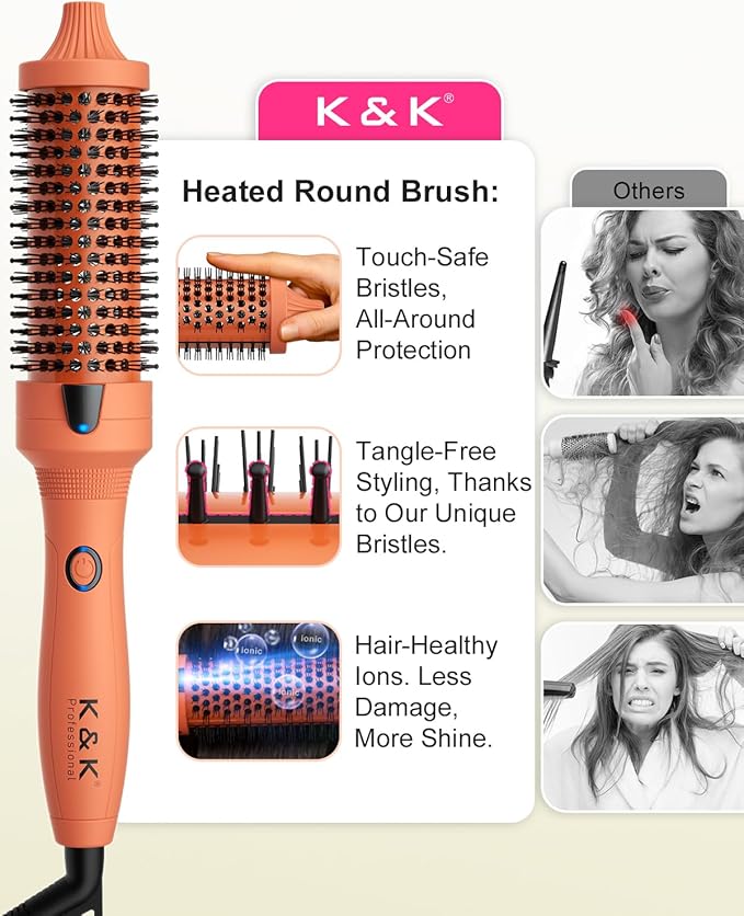 K&ampK Thermal Brush 1 1/2 inch Heated Round Brush with Detachable Head Velvet Pouch and Dual Voltage for Travel Easy to Create Blowout Look Cosmic Orange