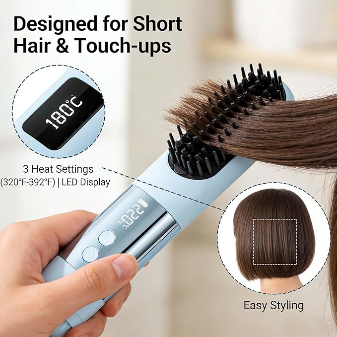2026 Portable Straightener Brush for Short HairShort Hair Styling ToolsUSB Rechargeable Portable Wireless Hair Straightening Brush3 Heat Settings &amp Led Screen for Travel (Blue)