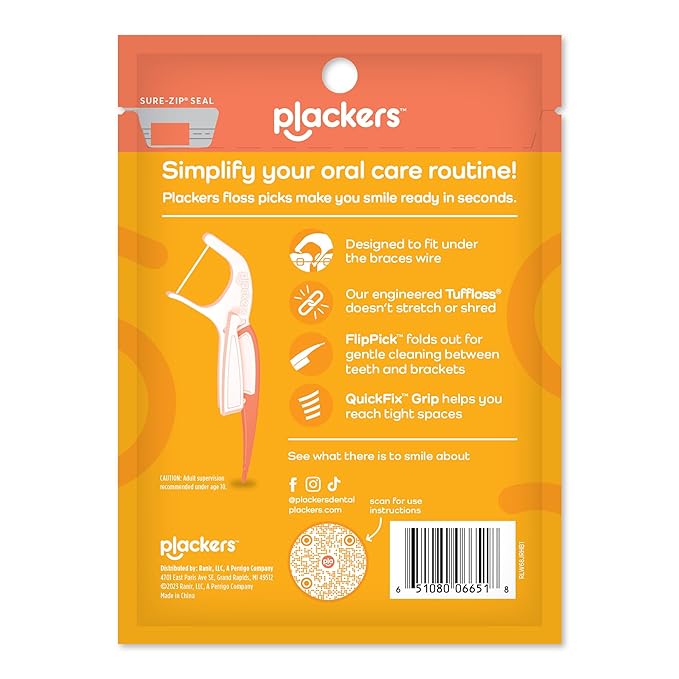 Plackers Orthopick Floss PicksUnflavoredDesigned for BracesFold-Out FlipPickTufflossEasy Storage with Sure-Zip Seal36 Count (Pack of 8)