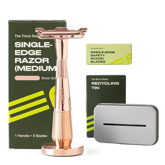 Leaf Shave | Leaf Thorn Razor Set Includes Twig Razor Matching Stand 50-Pack Single-Edge Blade Refills and Blade Bank - Rose Gold
