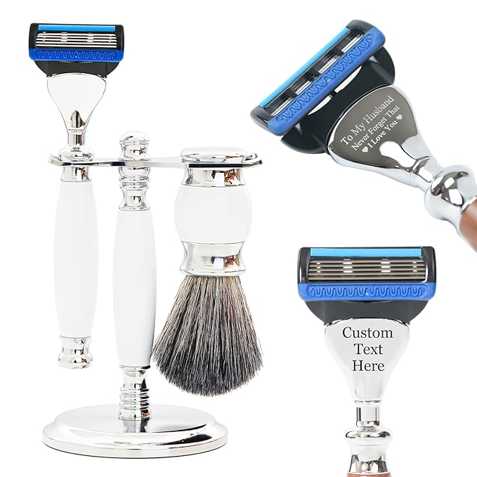 FREED Customized gifts Engraving Luxury Men's 5-Blade Razor set Aluminum Alloy Material incloud 4 Bladesrazor standrazor brushIt's the best gift for men (Pearl White)