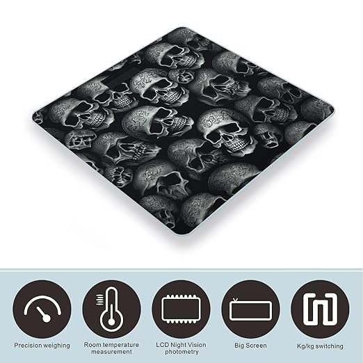 Black Skull Weight ScaleClear LED Display Bathroom Digital Weighing ScaleTempered Glass Digital Bathroom Scale for Body Weight Capacity Up to 400 Lbs