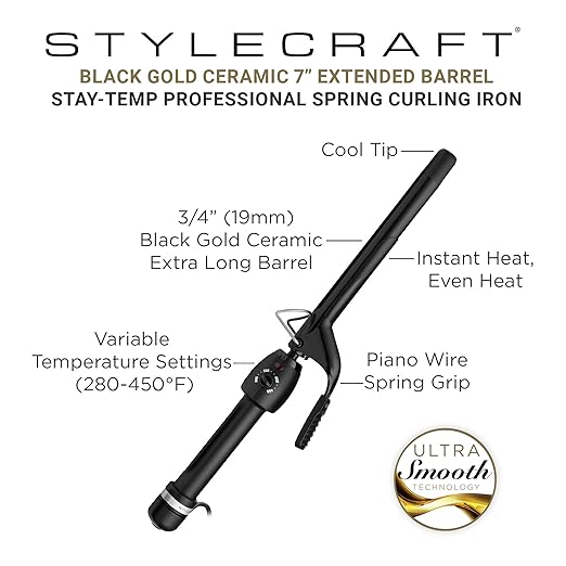 StyleCraft Stay-Temp Black Gold Professional Curling Iron with Extra-Long Thumb Grip Extended Barrel Marcel