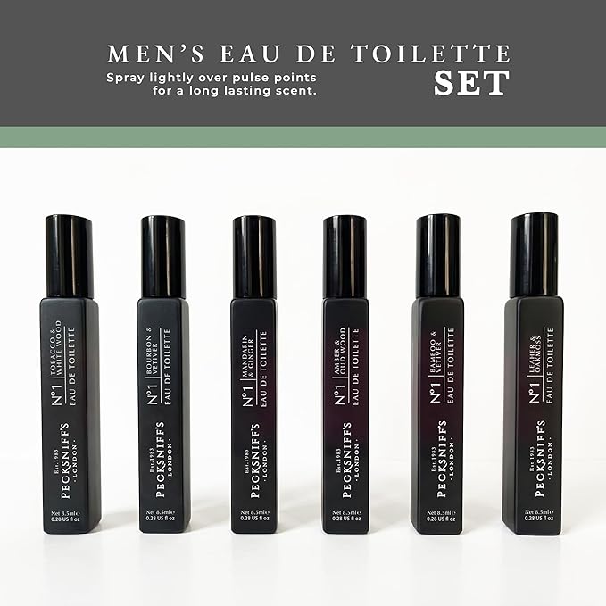 Pecksniff’s Men’s Essentials Fragrance Gift Set – 6x10 ml Eau de Toilette Collection – Luxury Mini Cologne Sampler Designed in England