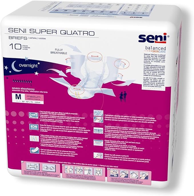 Seni Super Quatro Unisex Adult Incontinence Briefs with Tabs Size Medium (30-43) 40 Count (4 Packs of 10) Severe Absorbency Disposable Overnight Briefs for Men &amp Women