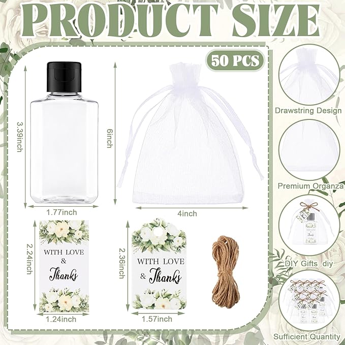 50 Sets Mini Hand Sanitizer Bottles Bulk 2oz Empty Christmas Hand Sanitizer Travel Size Wedding Favors for Guests with Organza Bags Thank You Tags for Woman Employees(Flower Green)