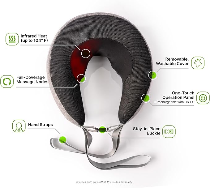GhostBed Massaging Neck Pillow Shiatsu-Style Kneading Massager Comfortable Heated with Cover Wireless Portable Pillow Standard Size