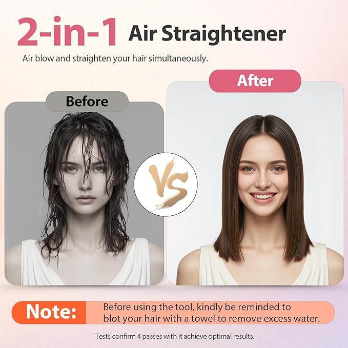 Upgraded Hair Air Straightener Quico Dual Voltage High-Speed Airflow 2 in 1 Straightener and Curler Travel Airstraight 5 Temps Ionic Care Flat Iron Hair Straightener 100-240V No Heat Damage Pink