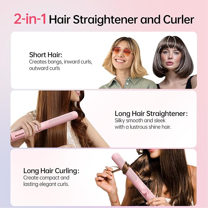 Hahahope Hair Straightener Curler 2-in-1: 1.25 Flat Iron for Women - Curling Wand 360° Airflow Cooling Vents Titanium Ionic for Less Frizz - 5 Temps &amp Auto Off Dual Voltage (Pink)