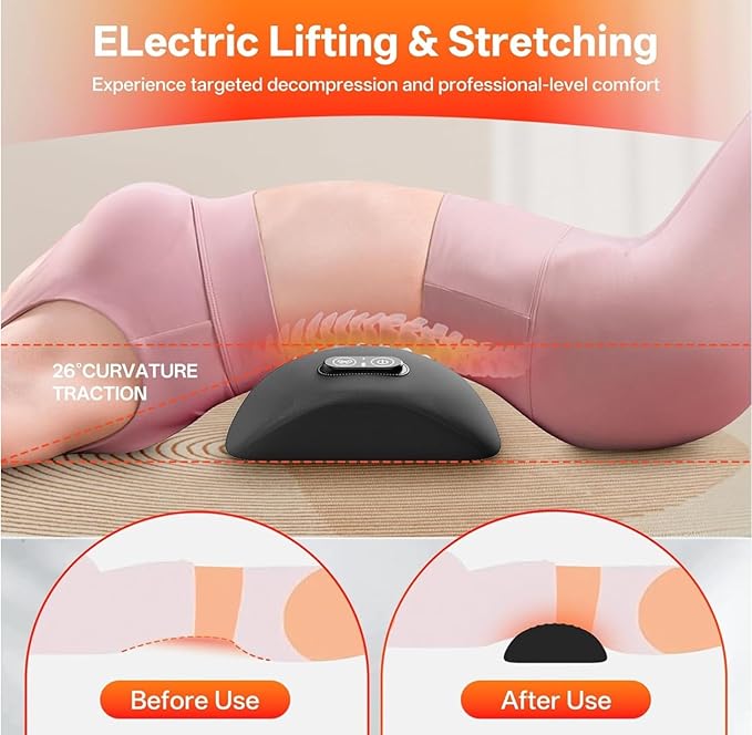 OUTMX 3-in-1 Electric Lumbar Support Pillow for Bed &amp Chair Heated Vibration &amp Traction Back Massager for Lower Back Pain Relief Adjustable Deep Tissue Spine Support Home &amp Office Use(S
