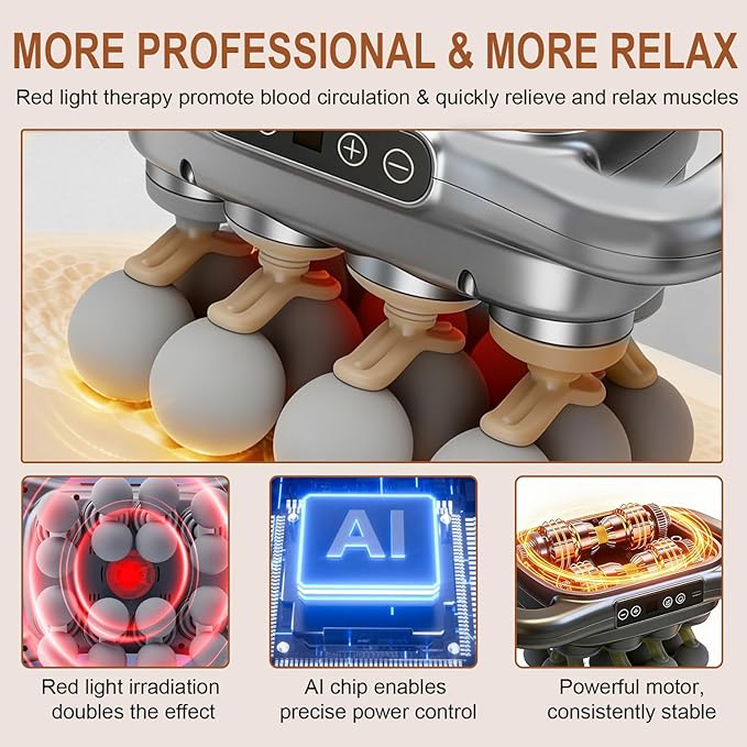 16 Head Massage Gun Deep Tissue Percussion Muscle Massager with 9 Modes &amp Levels Red Light Therapy Portable Massage Gun Set Quiet Back Massager for Shoulder Legs Waist Body Pain Relief (Gray)