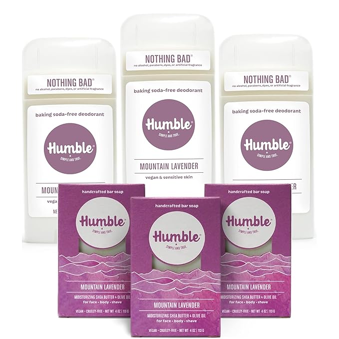 HUMBLE BRANDS Vegan Mountain Lavender Deodorant 2.5 Ounce (Pack of 3) and Mountian Lavender Handcrafted Soap 3 pack