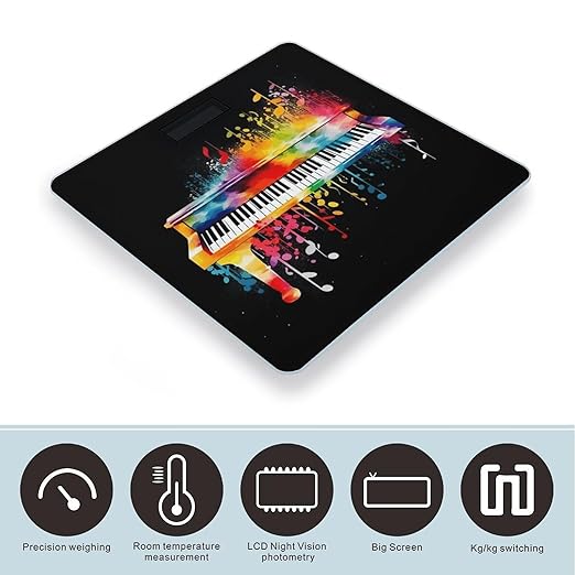 Colorful Piano Keyboard Music Note Scale for Body Weight Safe Rounded Corners Tempered Glass Digital Bathroom Scale LED Display 400lb Capacity Weight Scales with High Precision Sensors