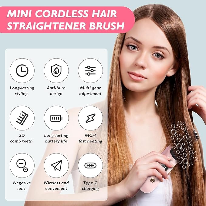 Portable Cordless Hair Straightener Brush for TravelMini Hair Straightener Comb with Negative IonMini BrushRechargeable 3 Temp-SettingPink