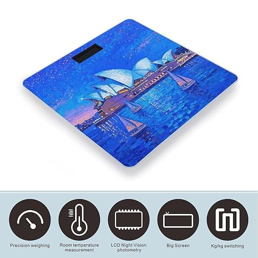 Sydney Opera House Blue Night Scale for Body Weight Sturdy Tempered Glass Weighing Scales with LCD Display Accurate Digital Bathroom Scale Convenient Body Fat Smart Scales Easy Read