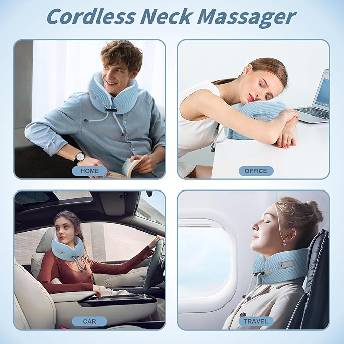 Electric Neck MassagerPortable Travel Pillow with Massage and HeatRechargeable Vibrating Neck Pillow MassagerPerfect for Pain Relief at Home OfficeTravelFathers Day Gift Ideas(Blue)