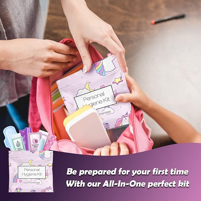 Menstrual Kit All-in-One 10 Pack | Convenience on The Go | Period Kit Pack for Travelling Tweens &amp Teenager | Individually Wrapped Feminine Hygiene Product (Rainbows and Unicorns)
