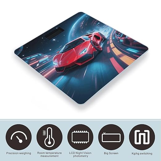 Sports Car in Space Weight Scale Cute Bathroom Scale for Body Highly Accurate Digital Weighing Machine for People Compact LCD Display Scales with Sturdy Toughened Glass Scales